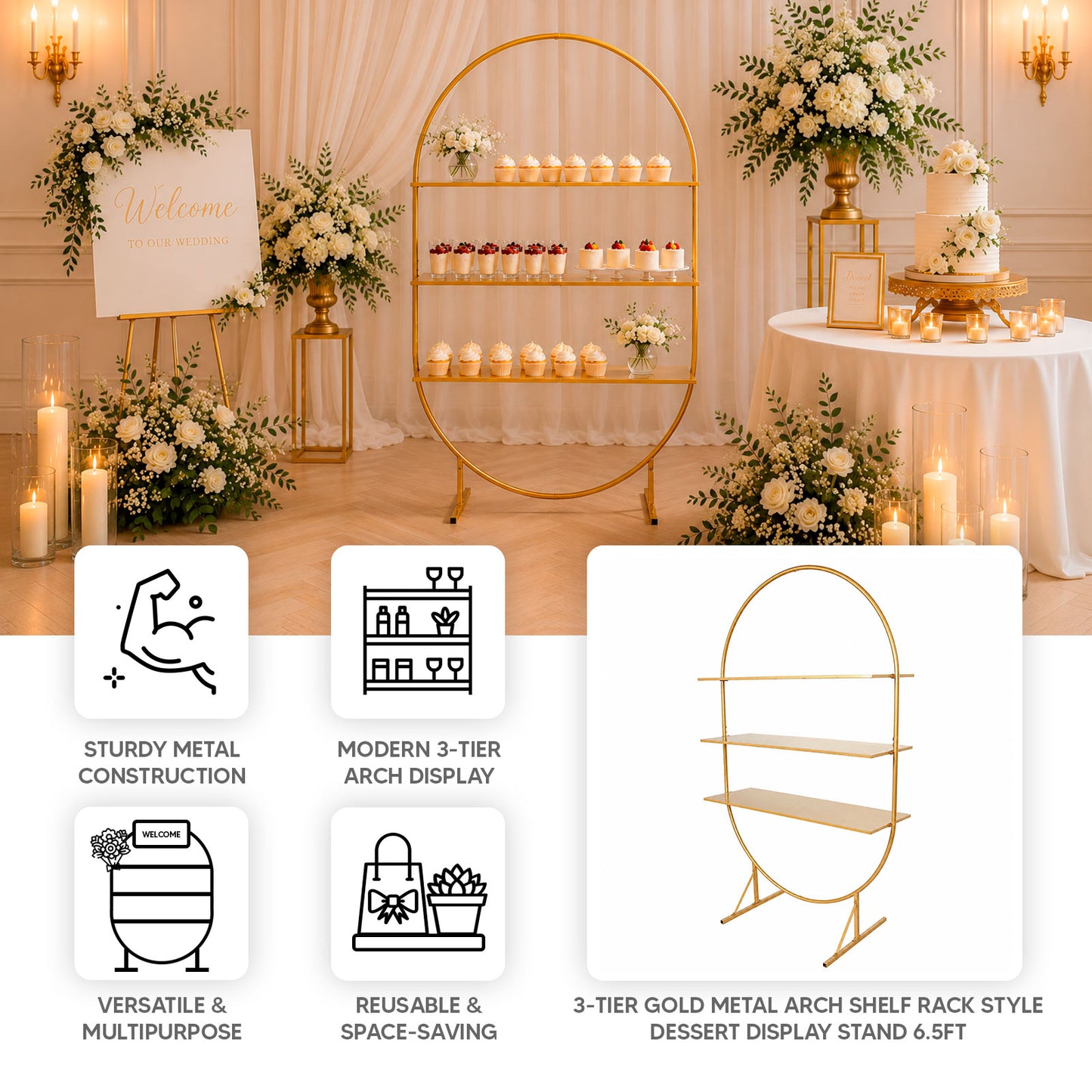 6.5ft 3-Tier Gold Metal Arch Cake Display Stand, Floor Standing Oval Cupcake Dessert Stand Shelf Rac