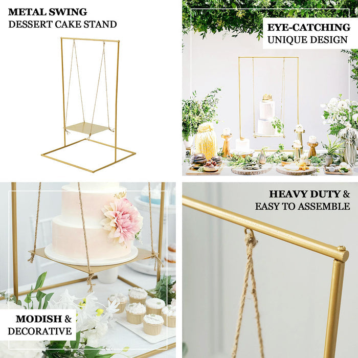 3ft Tall Gold Metal Hanging Dessert Display Centerpiece with Jute Rope, Cake Stand Swing