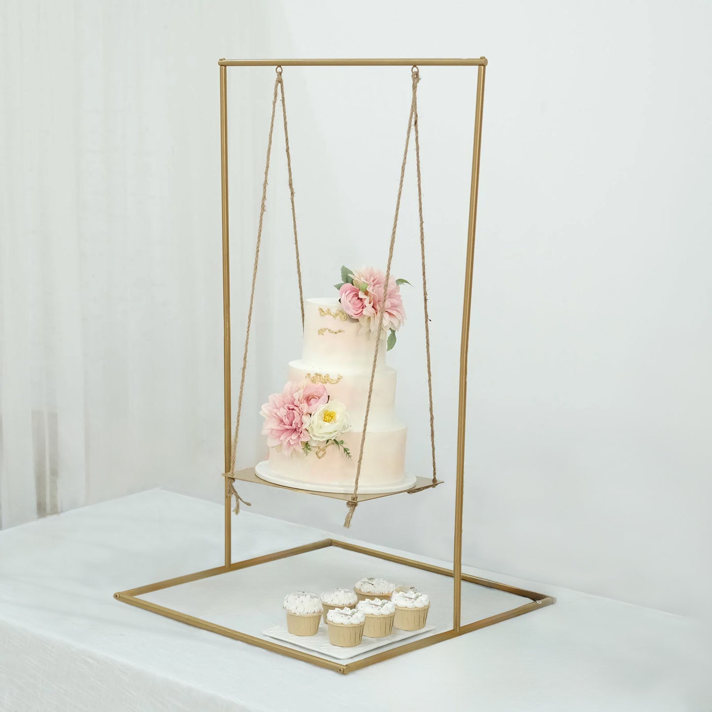 3ft Tall Gold Metal Hanging Dessert Display Centerpiece with Jute Rope, Cake Stand Swing