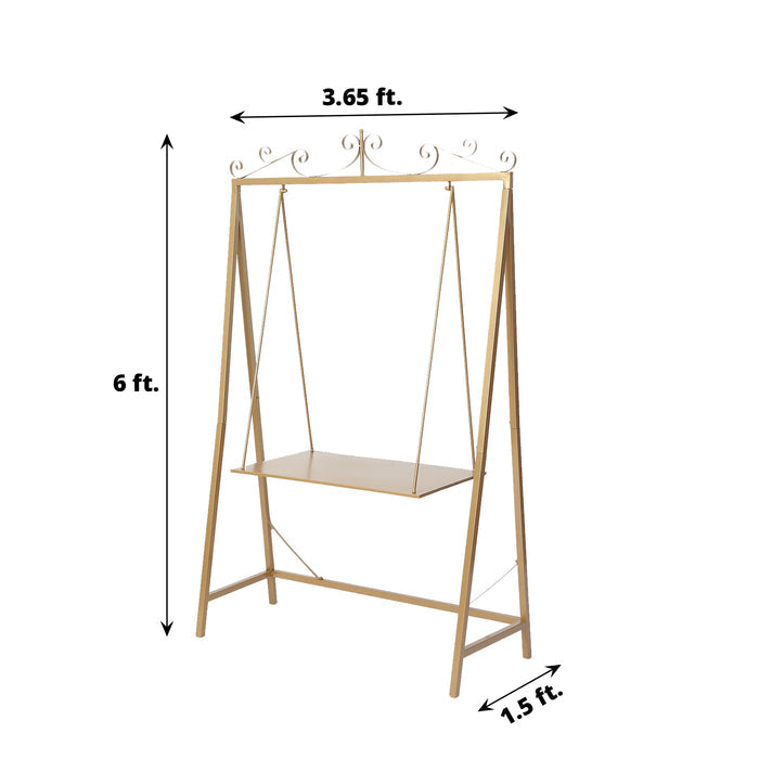 6ft Tall Gold Metal Elegant Hanging Cake Swing Floor Stand, Dessert Display Serving Station