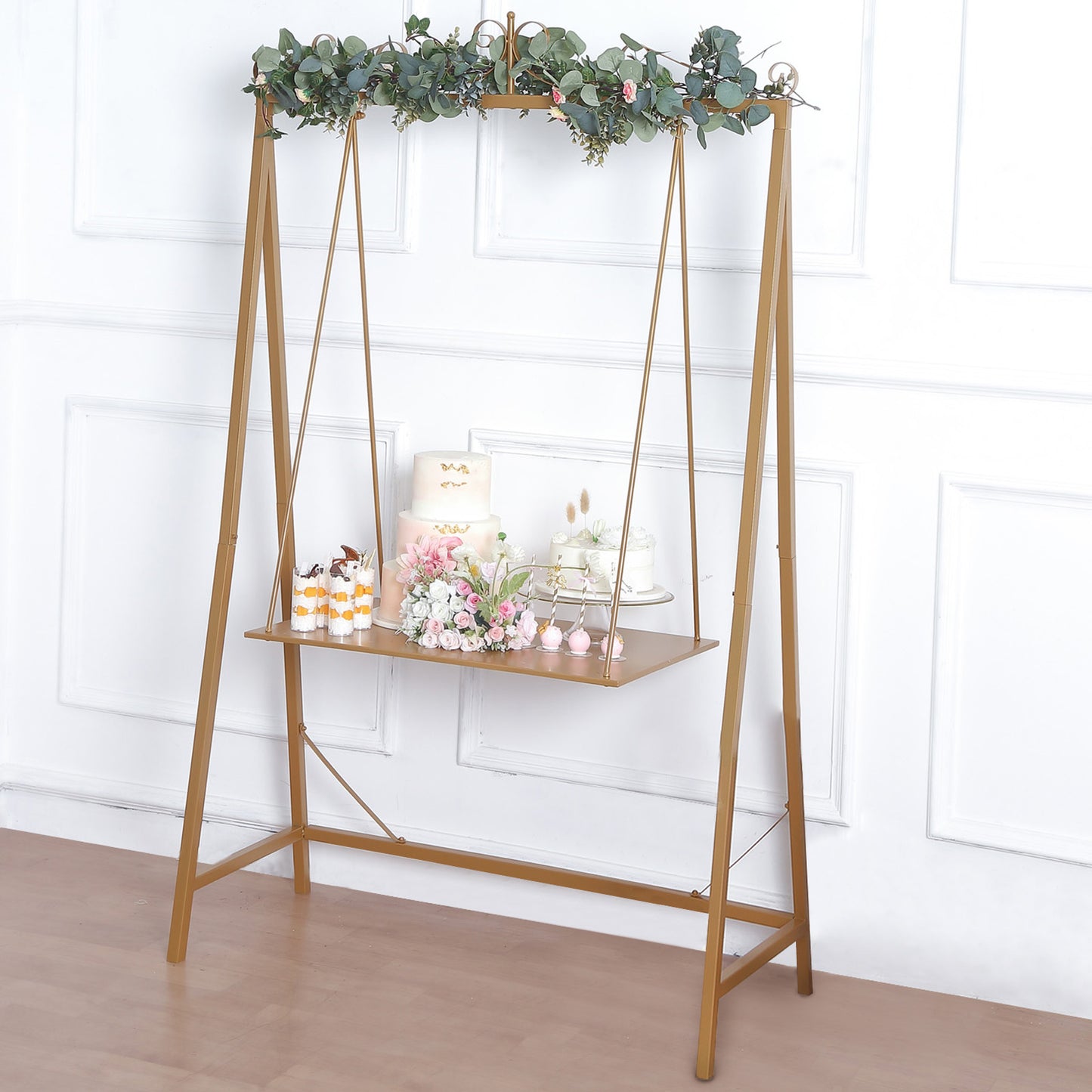 6ft Tall Gold Metal Elegant Hanging Cake Swing Floor Stand, Dessert Display Serving Station