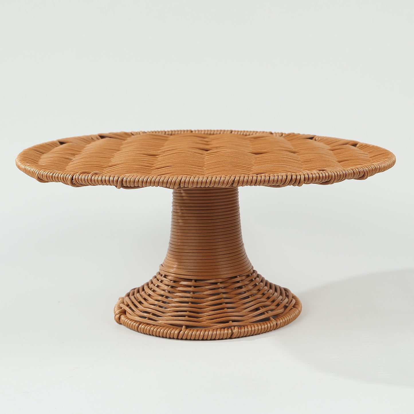 Natural rattan wicker pedestal cupcake stand, 12" round rustic display.