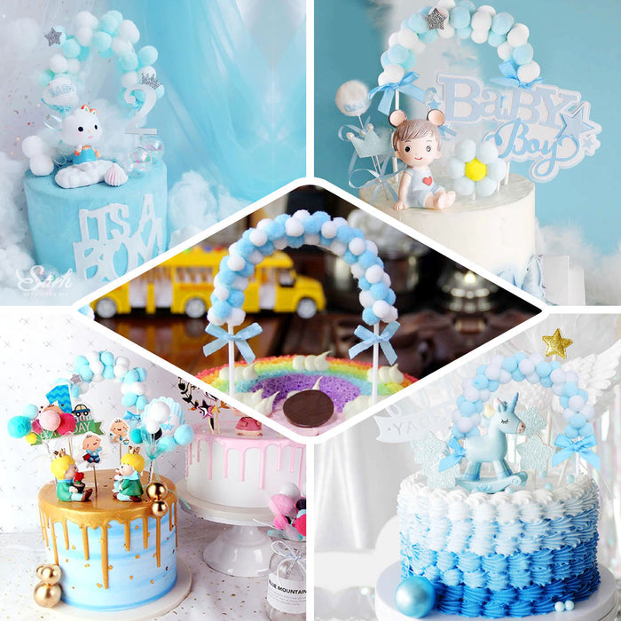 Blue mini arch shape cotton ball cake topper decoration for celebrations.