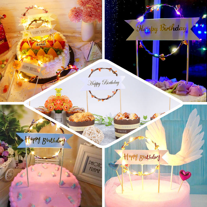 LED light up wreath birthday banner cake topper in vibrant colors.