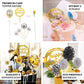 Silver and gold birthday cake topper with mini fans and confetti balloons.