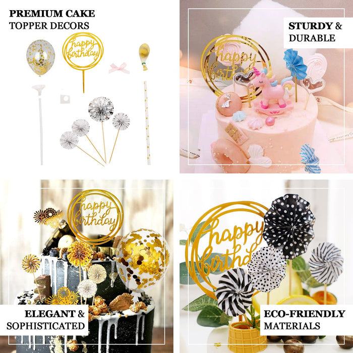 Gold and white birthday cake topper with mini paper fans and confetti balloons.