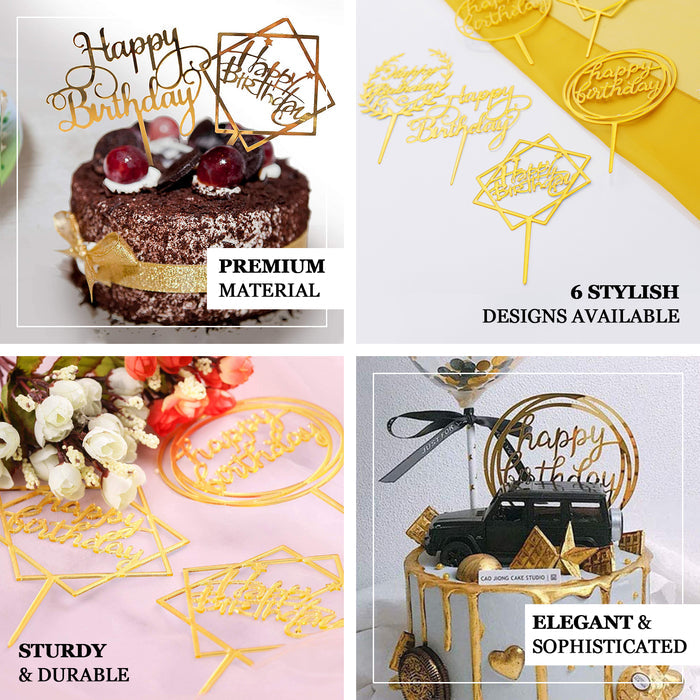 Gold acrylic happy birthday cake toppers in assorted styles.