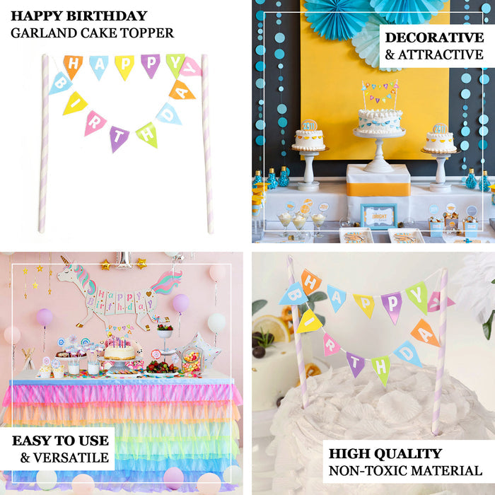 Multi-Color Happy Birthday Bunting Garland Cake Topper, Cake Banner Sign with Lavender Lilac Straws