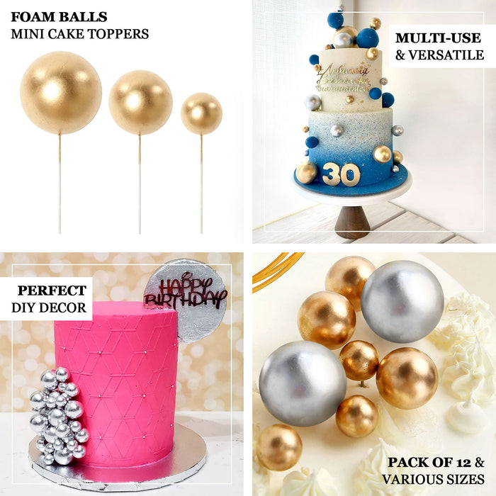 Gold foam pearl balls cake topper picks for DIY cupcake decor, assorted sizes.