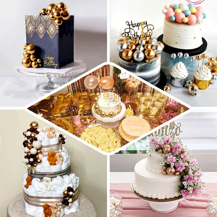 Gold faux pearl balls cake topper picks for cupcakes and cakes, assorted sizes.