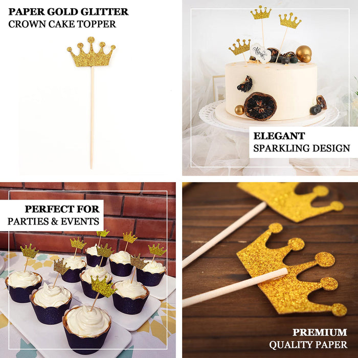 24 Pack | 5" Gold Glitter Royal Crown Cupcake Topper Picks, Party Cake Toppers