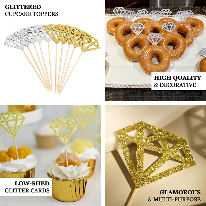 24 Pack | Glitter Gold Diamond Ring Cupcake Toppers, Party Cake Picks, Engagement Party Decoration Supplies