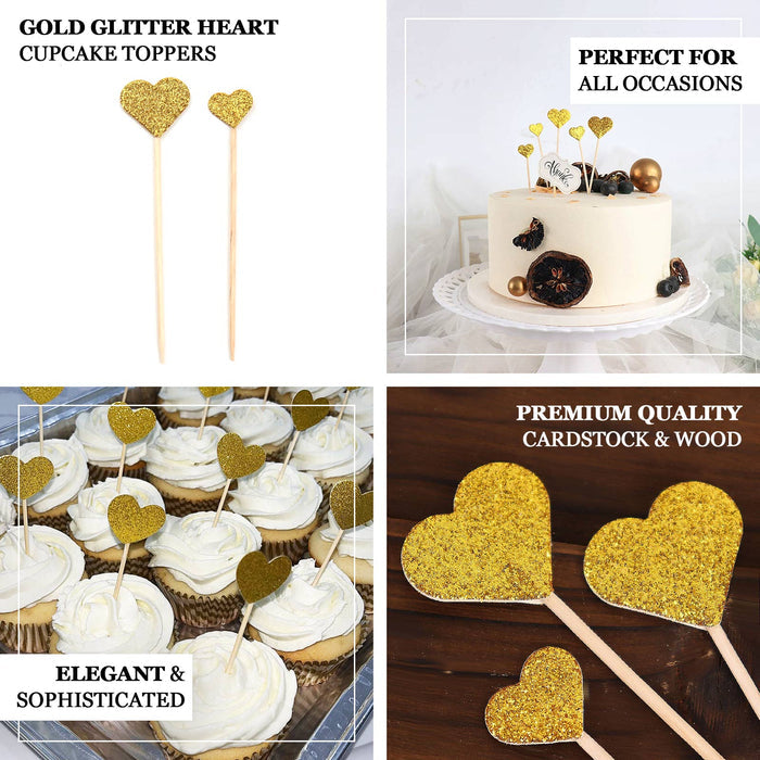 24 Pack | Gold Glitter Heart Shaped Cupcake Topper Picks, Party Cake Toppers - 4.5", 4"