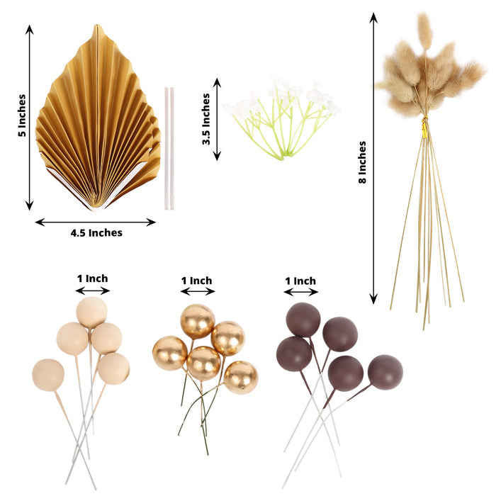25 Pack | Assorted Gold Boho Style Palm Leaf Flower Ball Cake Toppers, Palm Leaf Coffee Ball Cake Decoration Set