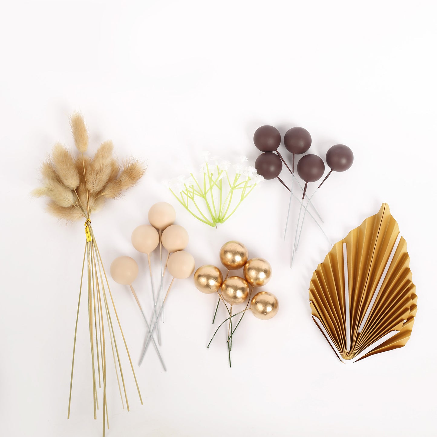 25 Pack | Assorted Gold Boho Style Palm Leaf Flower Ball Cake Toppers, Palm Leaf Coffee Ball Cake Decoration Set