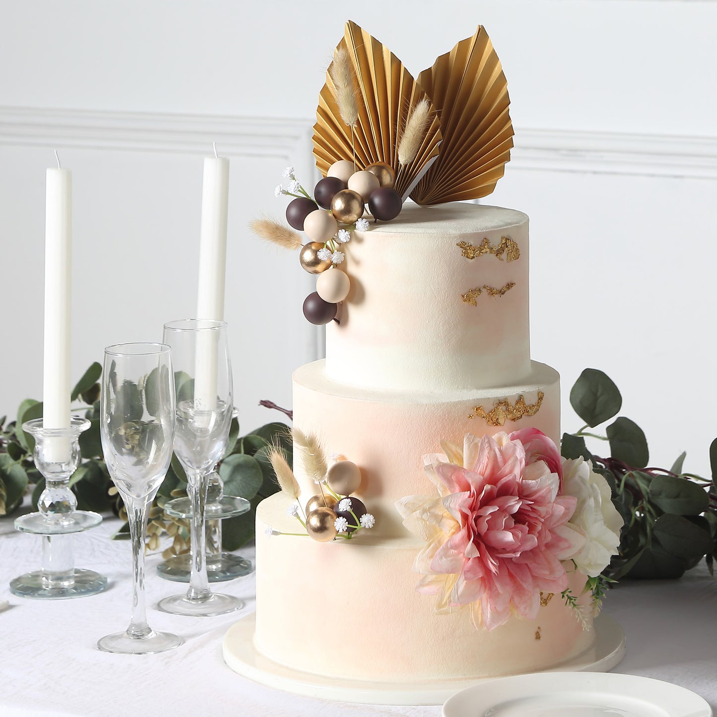 25 Pack | Assorted Gold Boho Style Palm Leaf Flower Ball Cake Toppers, Palm Leaf Coffee Ball Cake Decoration Set