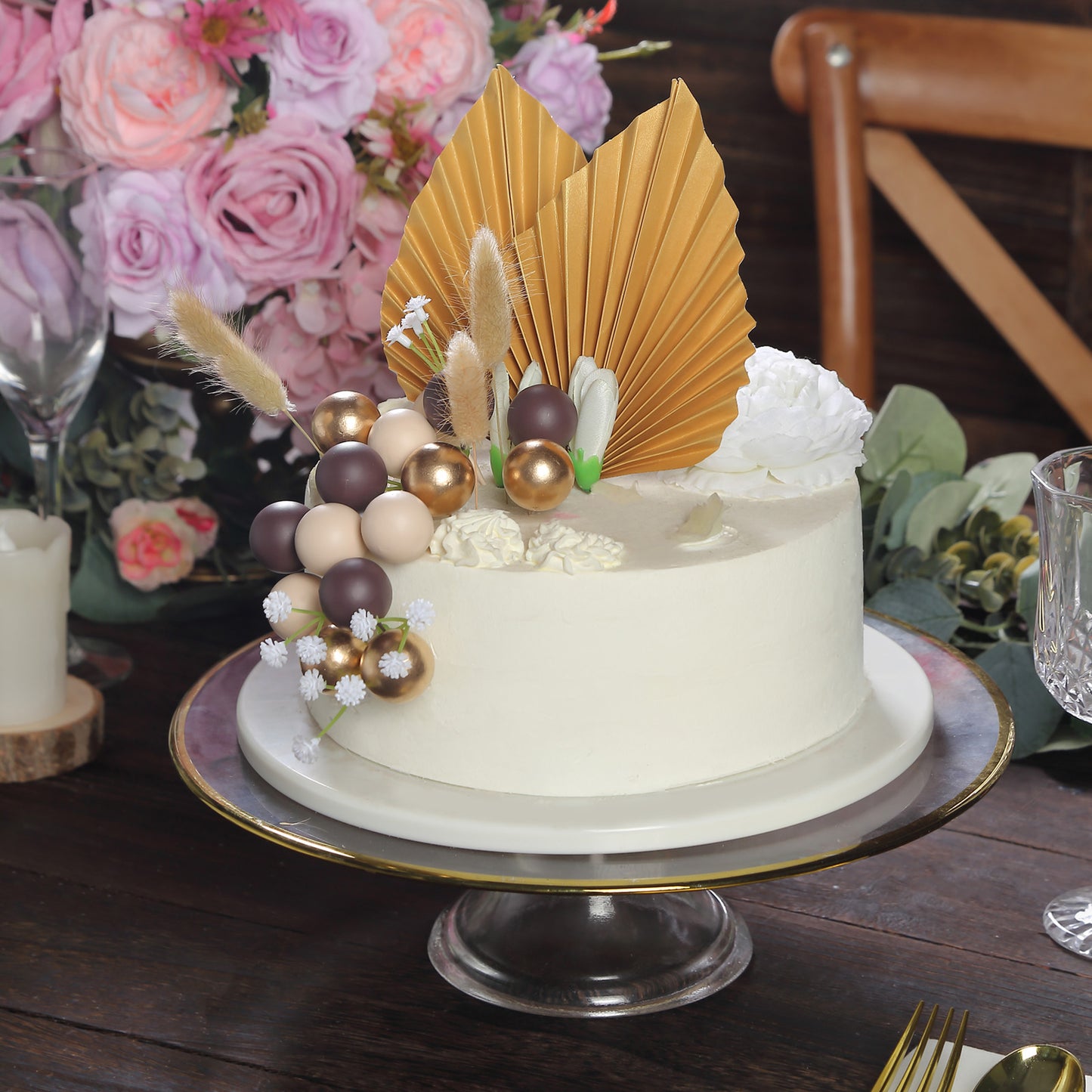 25 Pack | Assorted Gold Boho Style Palm Leaf Flower Ball Cake Toppers, Palm Leaf Coffee Ball Cake Decoration Set