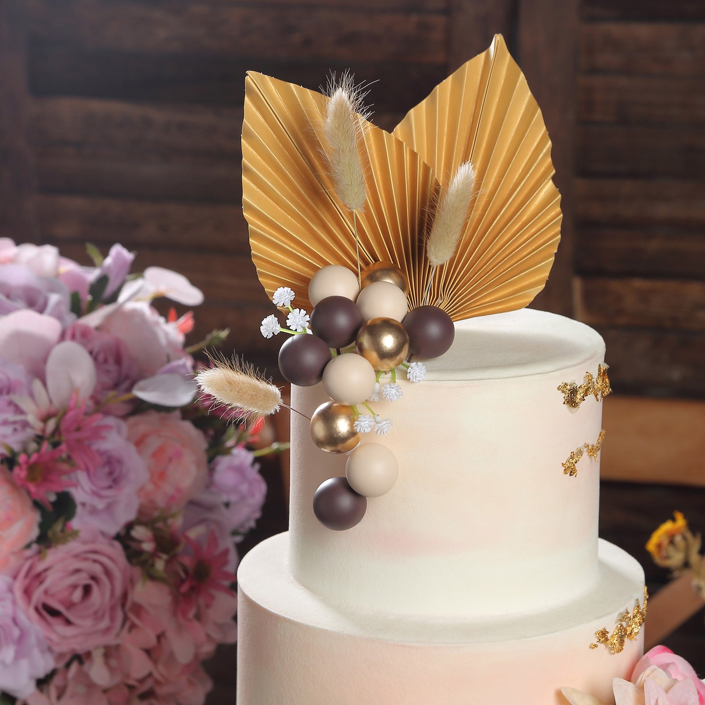 25 Pack | Assorted Gold Boho Style Palm Leaf Flower Ball Cake Toppers, Palm Leaf Coffee Ball Cake Decoration Set