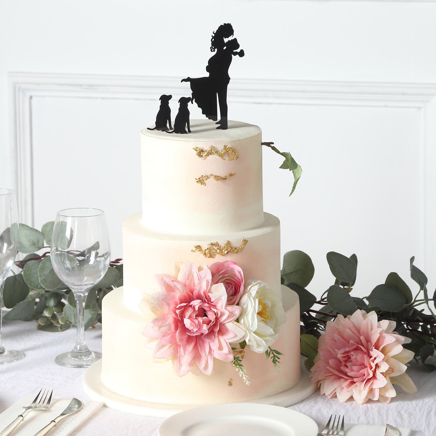 7" Black Acrylic Bride and Groom With Two Pet Dogs Cake Toppers, Silhouette Wedding Cake Decoration Set