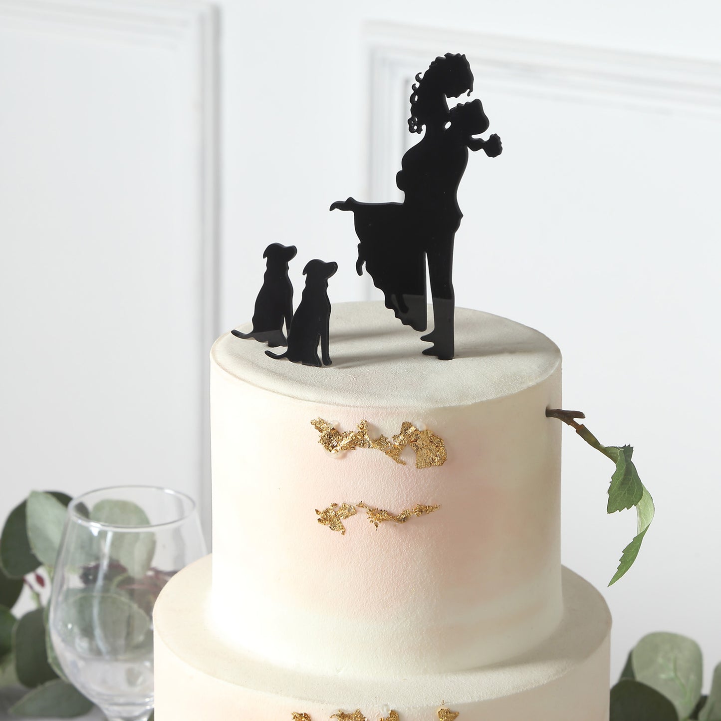 7" Black Acrylic Bride and Groom With Two Pet Dogs Cake Toppers, Silhouette Wedding Cake Decoration Set