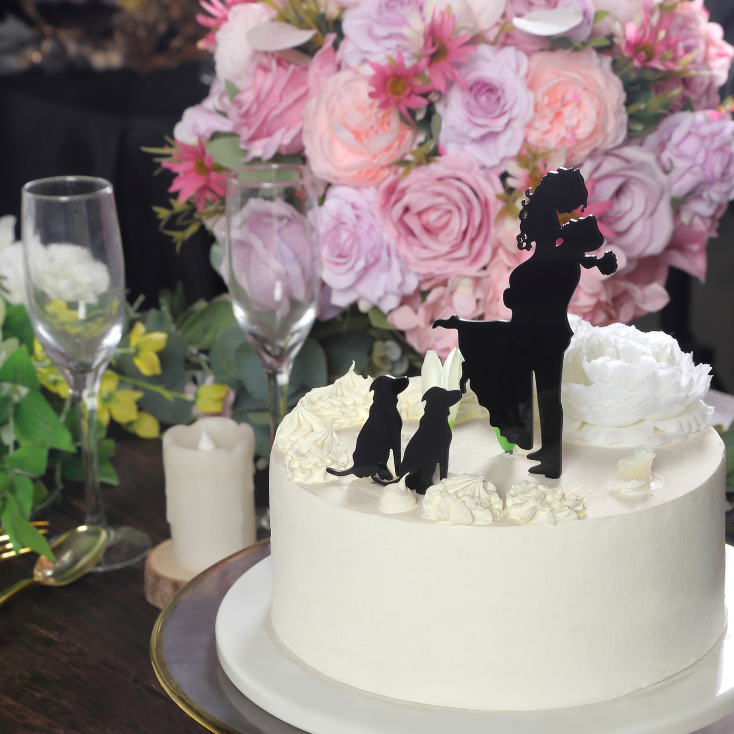 7" Black Acrylic Bride and Groom With Two Pet Dogs Cake Toppers, Silhouette Wedding Cake Decoration Set