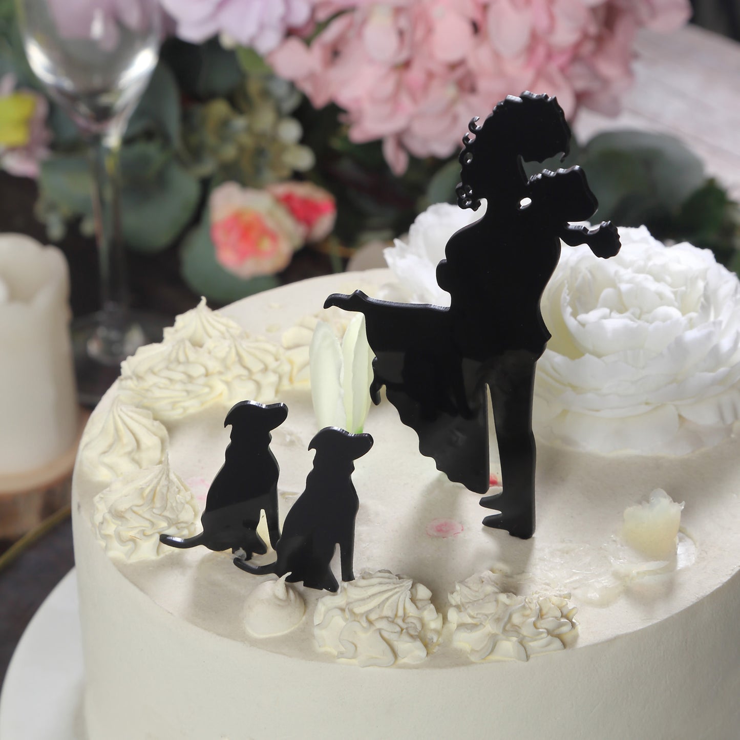 7" Black Acrylic Bride and Groom With Two Pet Dogs Cake Toppers, Silhouette Wedding Cake Decoration Set
