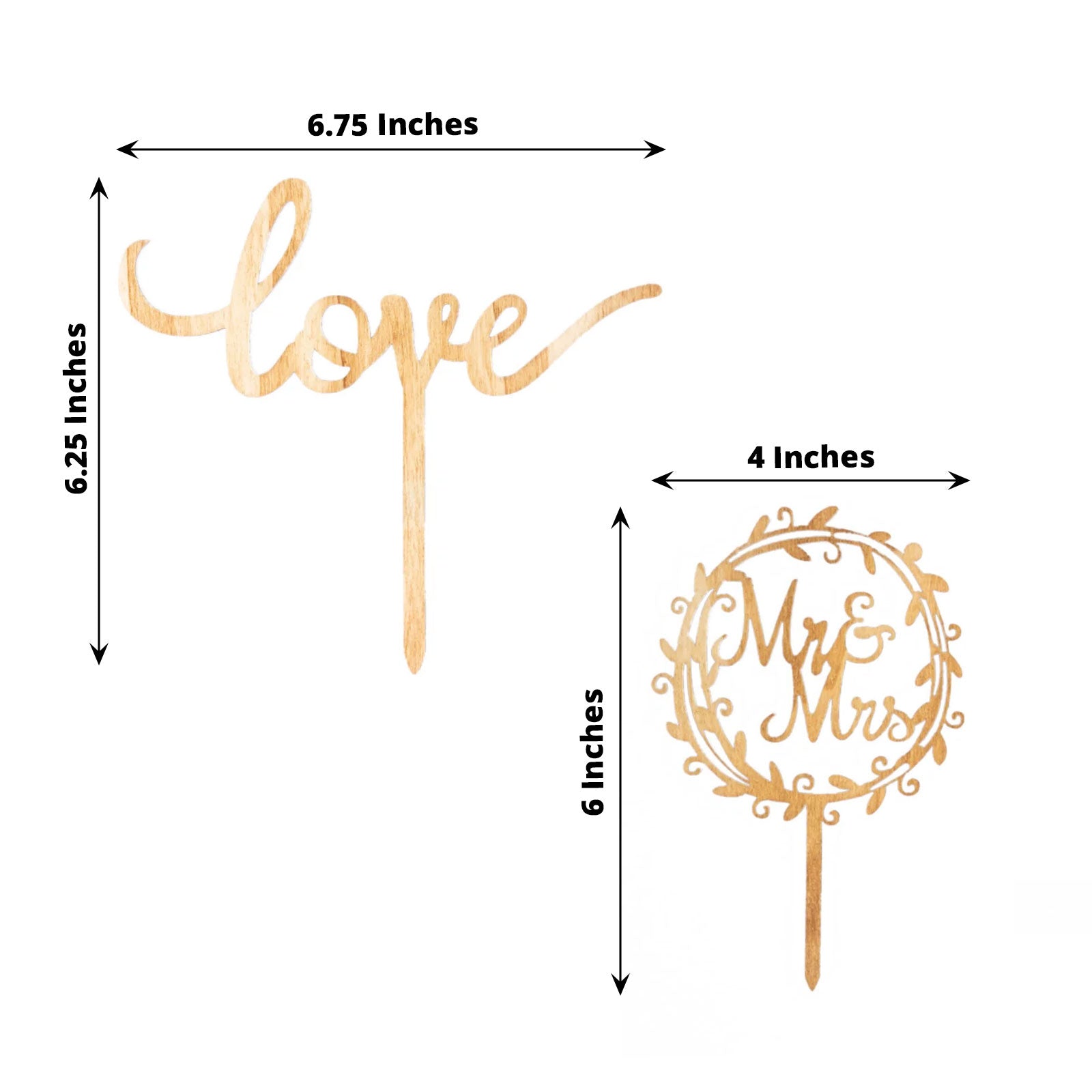 Natural wooden Mr & Mrs and Love wedding cake topper decorations.