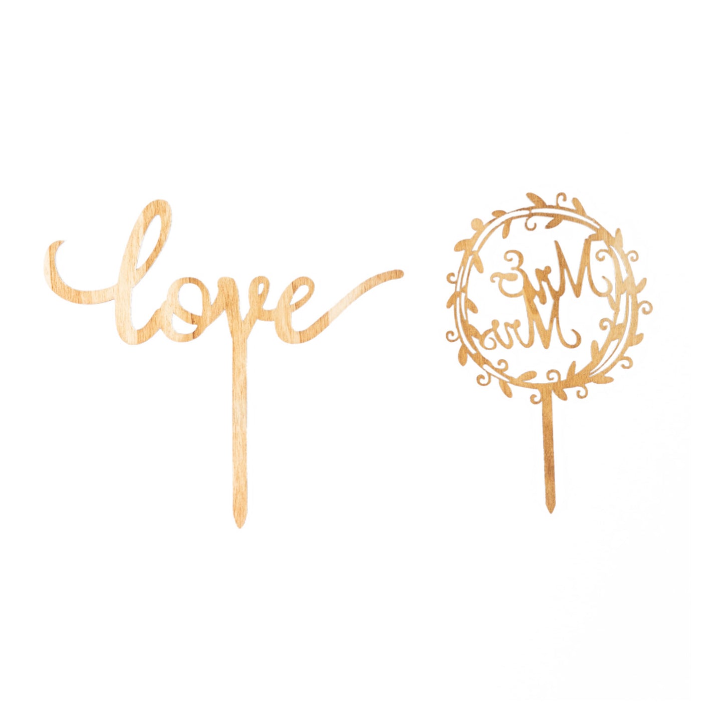 Natural wooden wedding cake topper set with "Mr & Mrs" and "Love" designs.