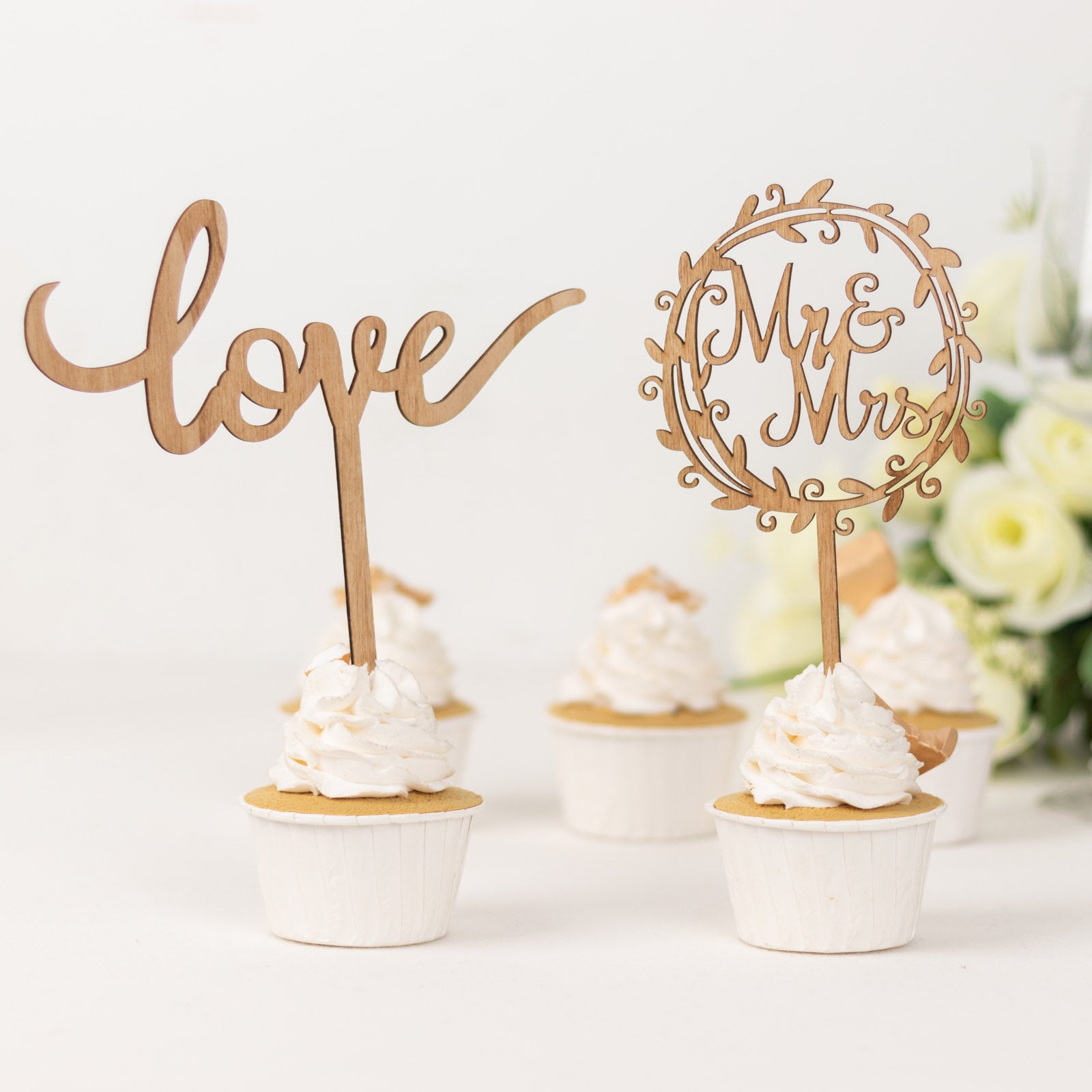 Rustic wooden Mr & Mrs and Love cake toppers for weddings.