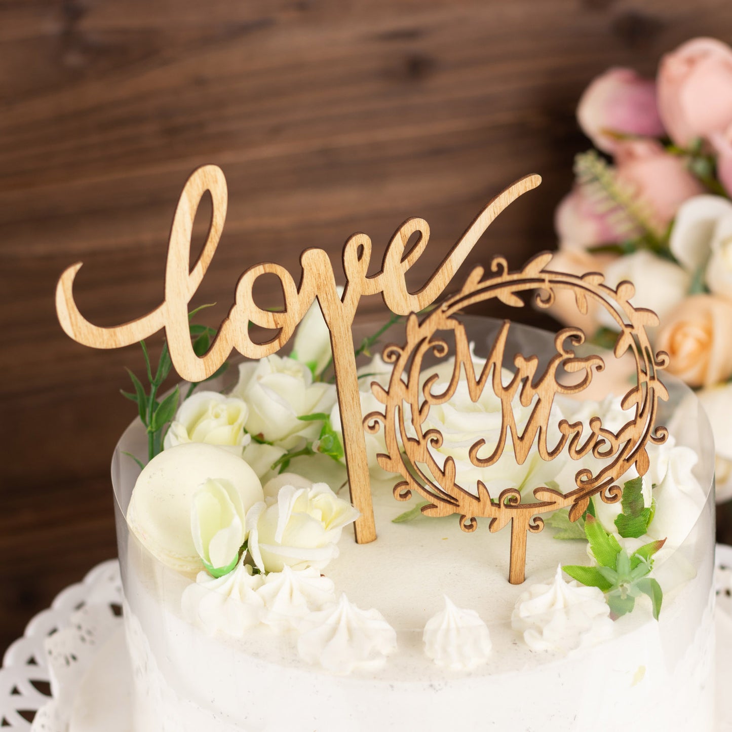 Rustic wooden Mr & Mrs and Love cake topper decorations.