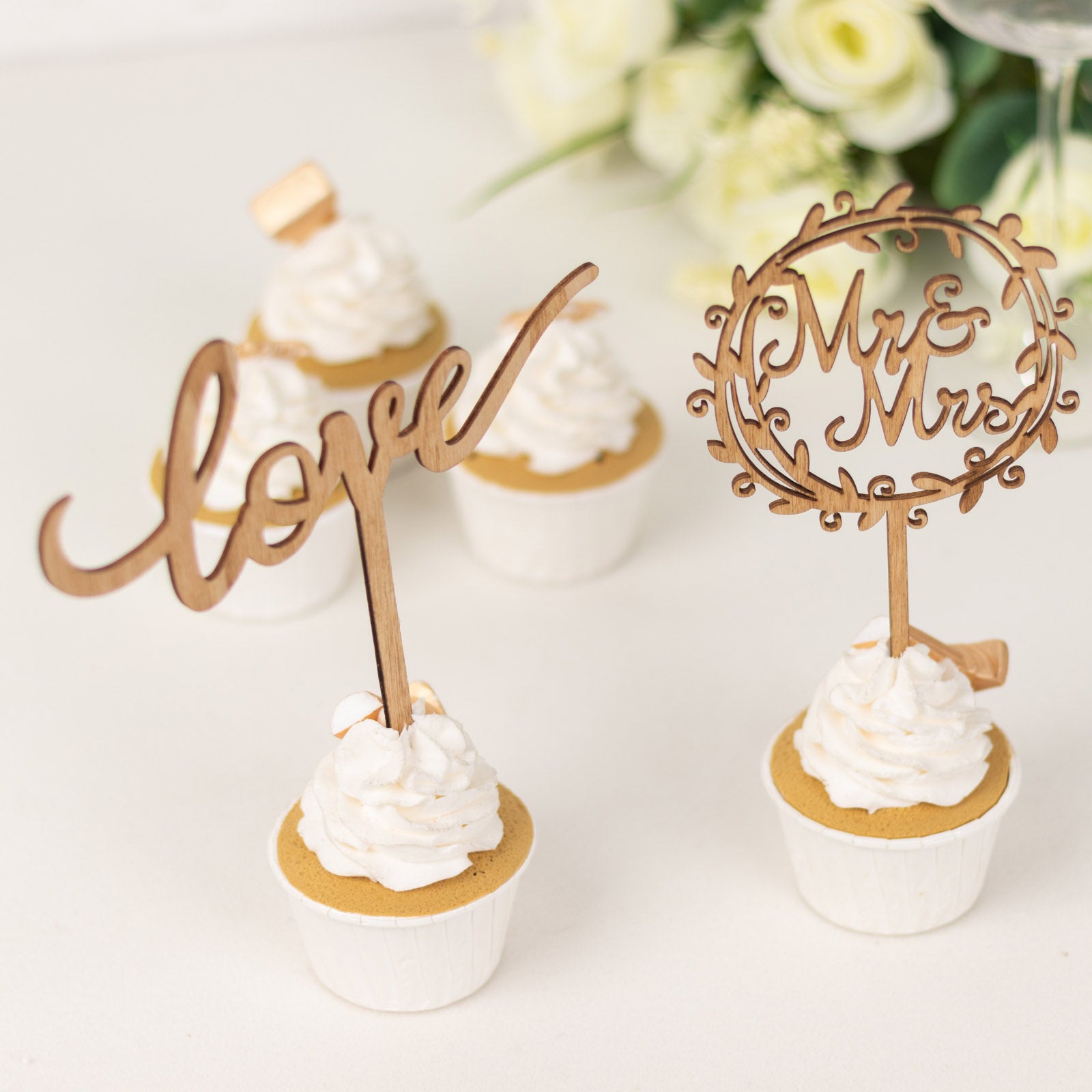 Rustic wooden Mr & Mrs and love cake topper decorations for weddings.