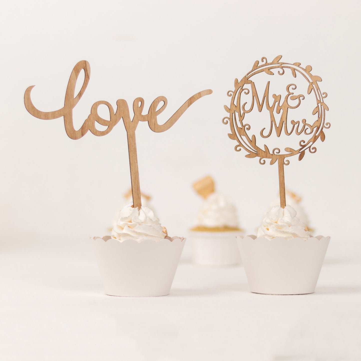 Natural wooden wedding cake topper set, Mr & Mrs and Love decorations.