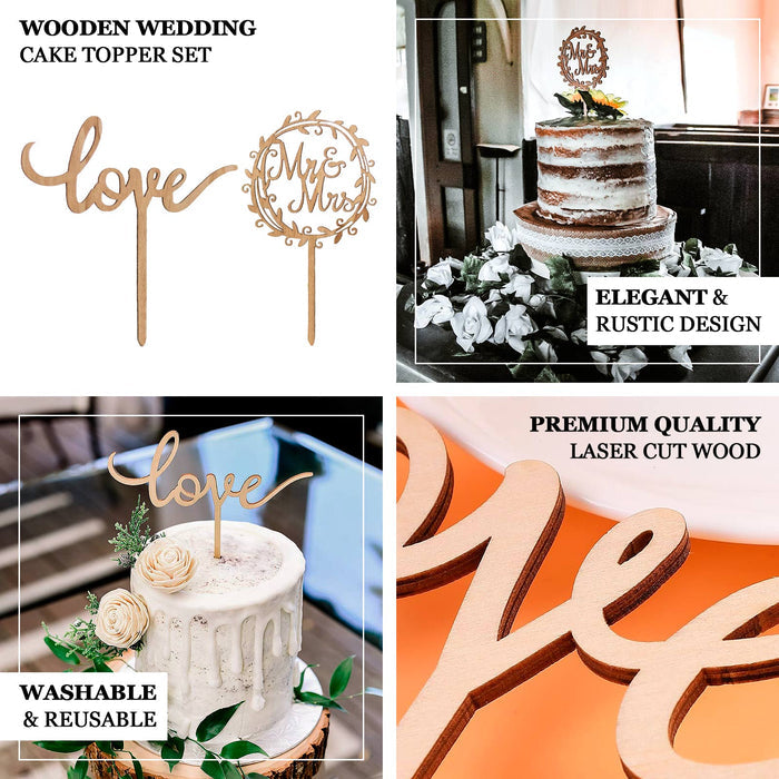 Natural wooden wedding cake topper set with "Mr & Mrs" and "Love" decorations.