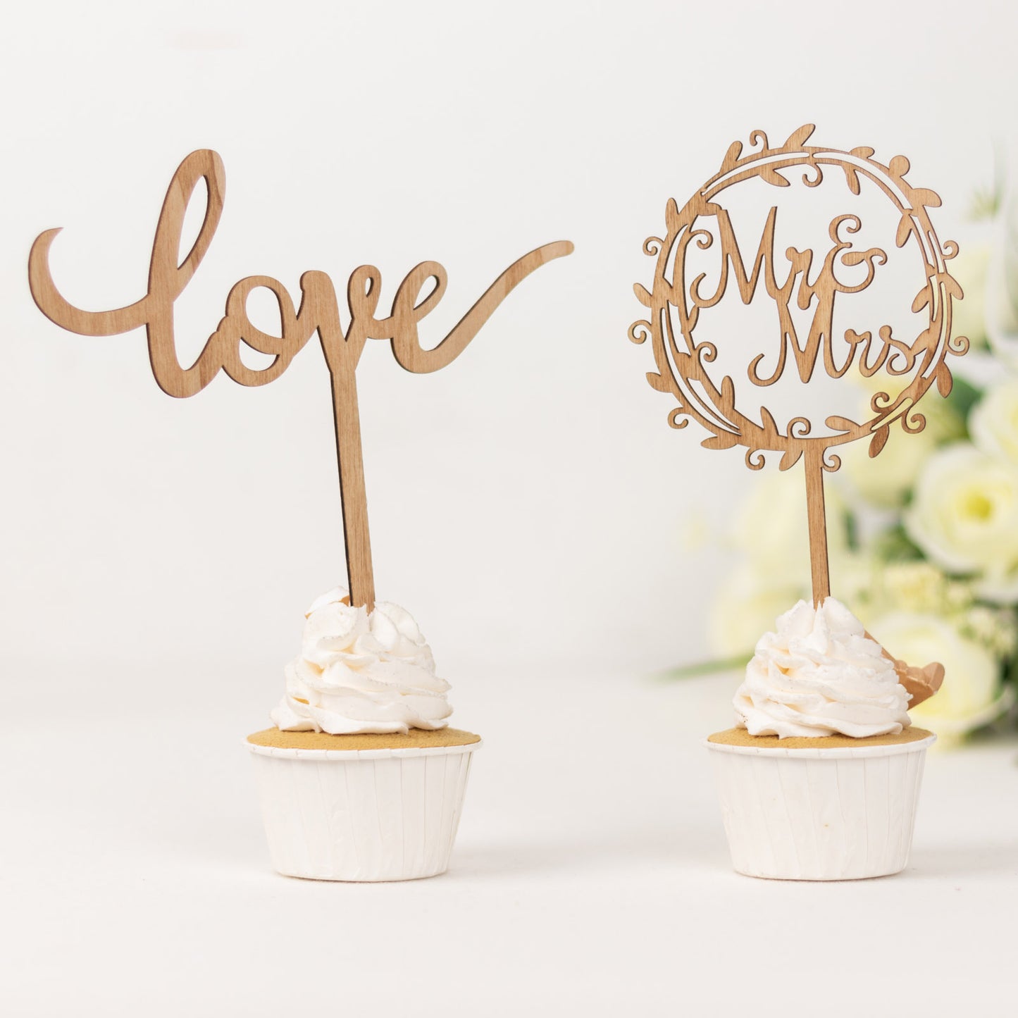 Rustic wooden Mr & Mrs and Love cake toppers for weddings.