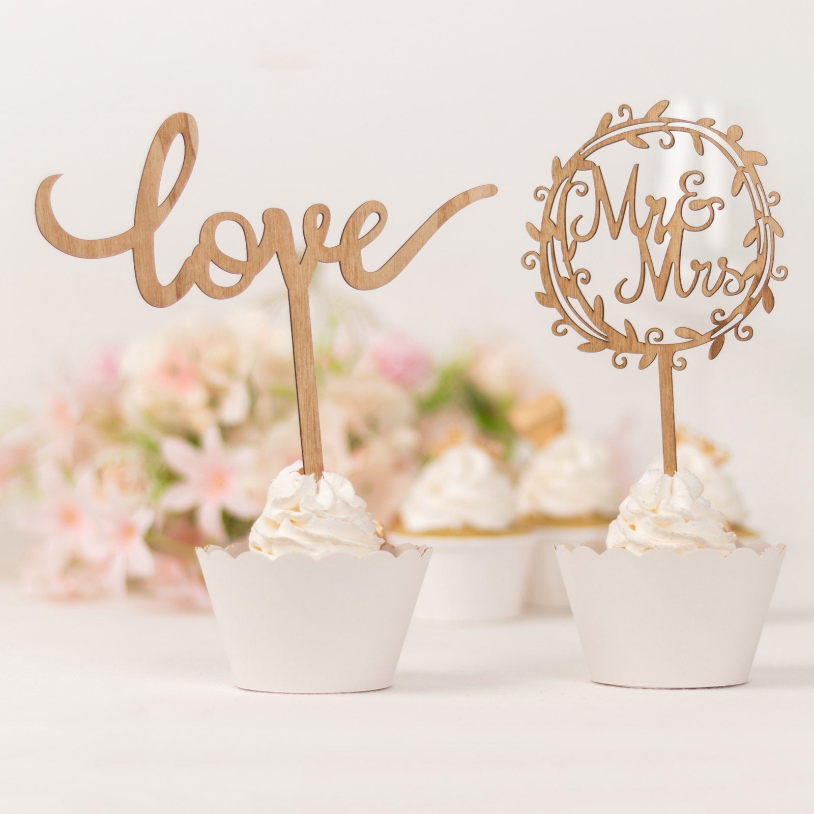 Natural wooden Mr & Mrs and Love cake topper decorations.