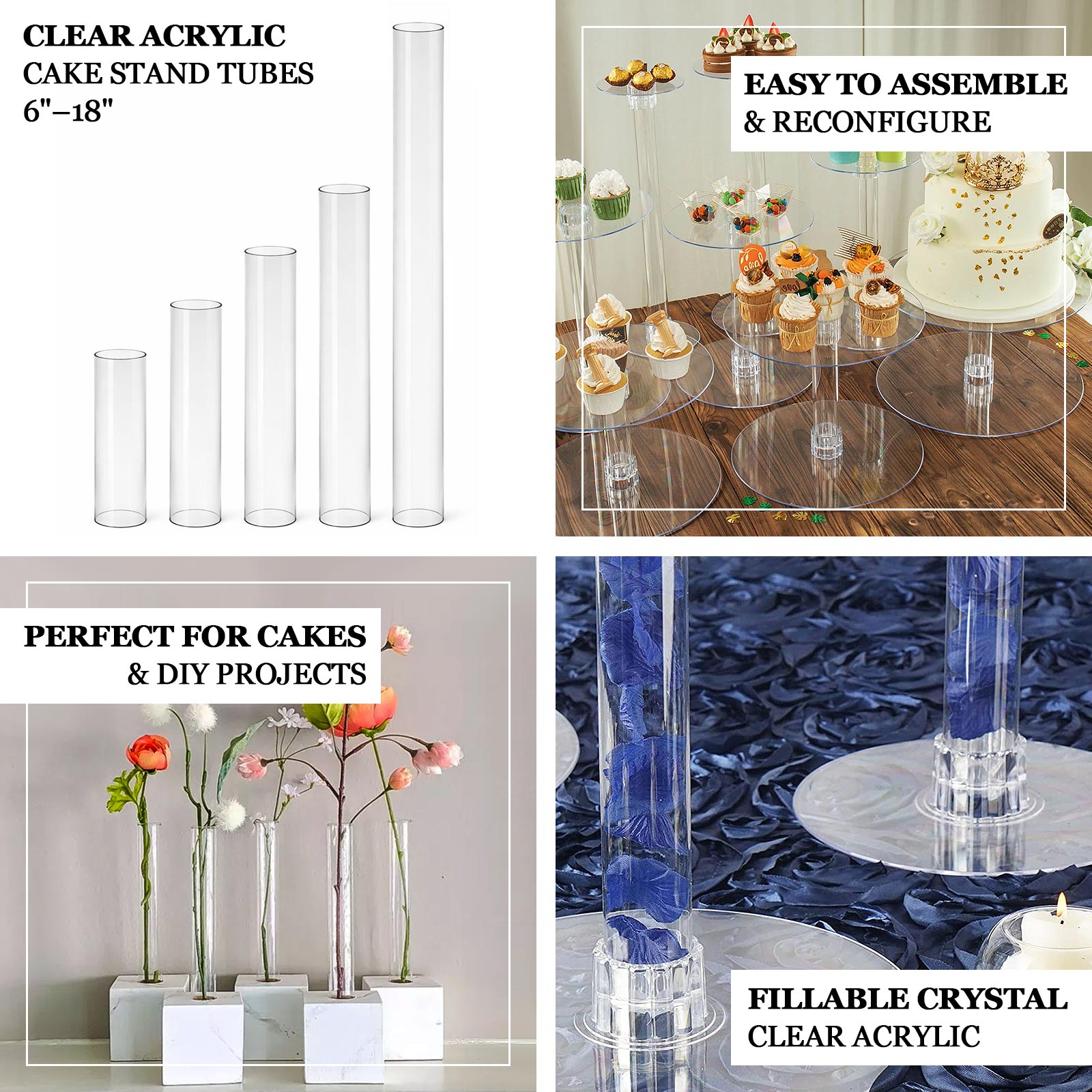 10" DIY Clear Acrylic Tiered Cupcake Cake Stand Tubes, Dessert Tower Poles