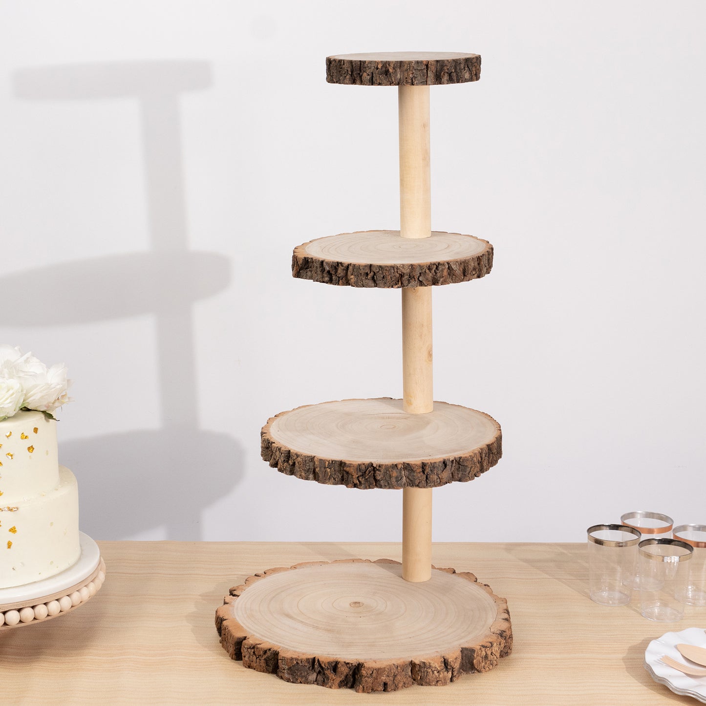 4-Tier Natural Rustic Wood Slice Dessert Stand, Farmhouse Style Wooden Cupcake Tower Display Stand - 29"