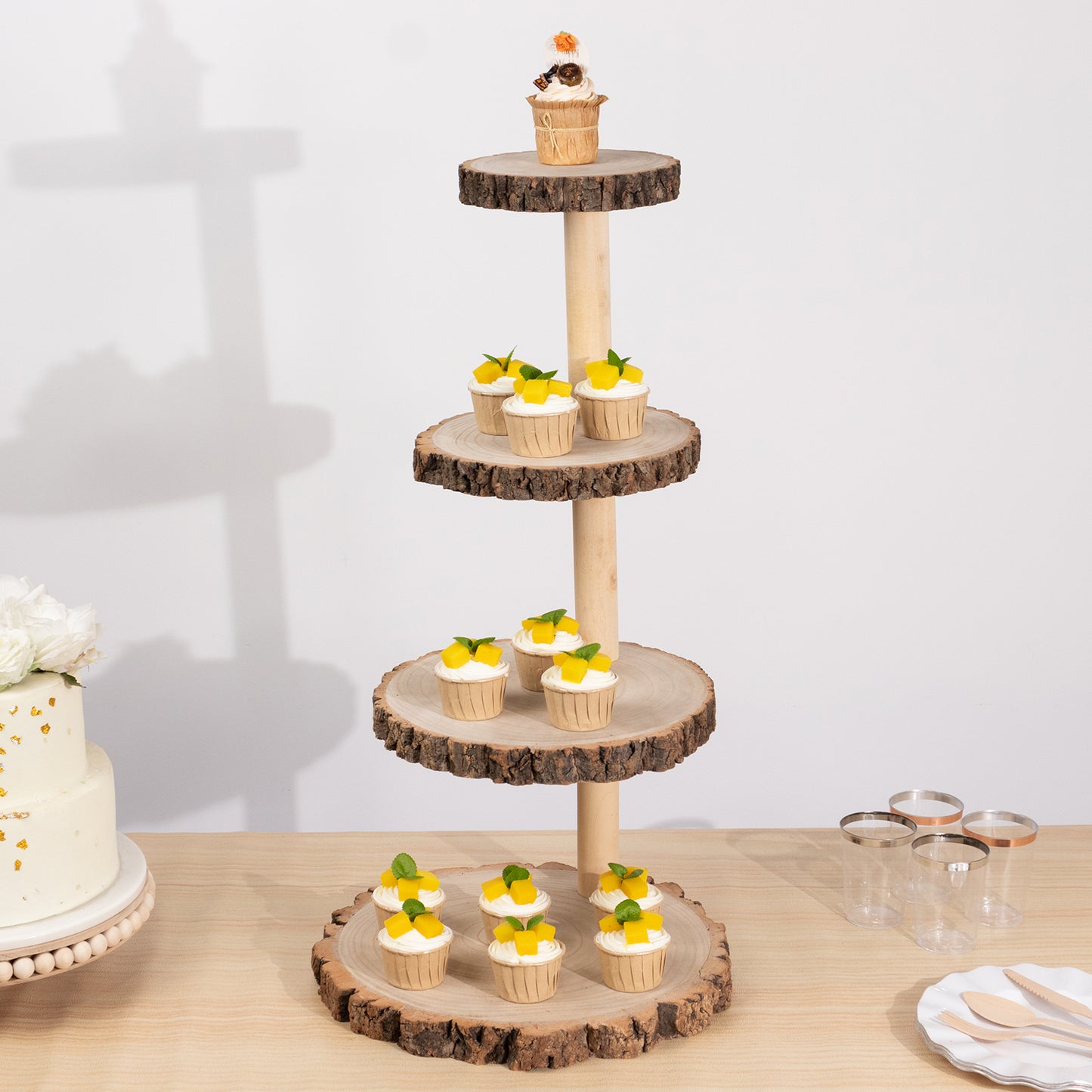 4-Tier Natural Rustic Wood Slice Dessert Stand, Farmhouse Style Wooden Cupcake Tower Display Stand - 29"