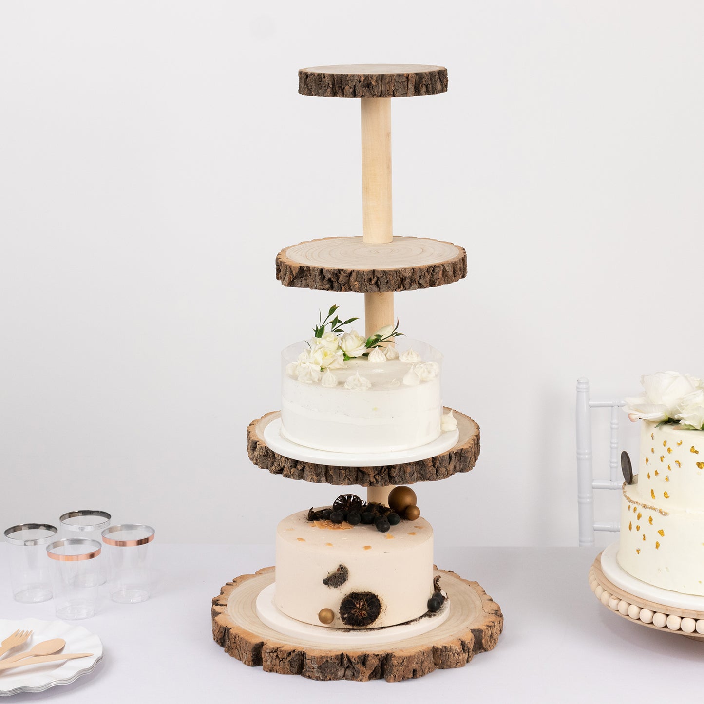 4-Tier Natural Rustic Wood Slice Dessert Stand, Farmhouse Style Wooden Cupcake Tower Display Stand - 29"