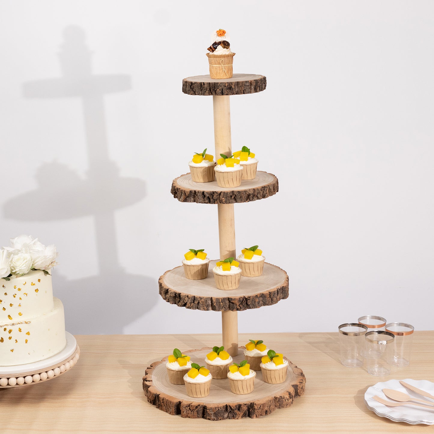 4-Tier Natural Rustic Wood Slice Dessert Stand, Farmhouse Style Wooden Cupcake Tower Display Stand - 29"