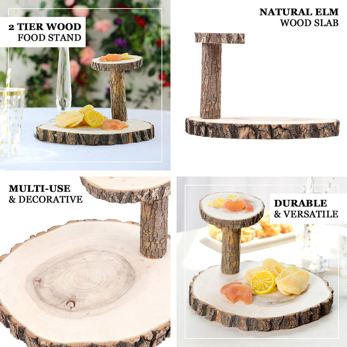 8" 2-Tier Natural Elm Wood Slice Cheese Board Cupcake Stand, Rustic Centerpiece