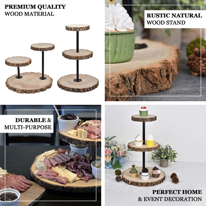 14" 3-Tier Natural Wood Slice Cheese Board Cupcake Stand, Rustic Centerpiece - Assembly Tools Included