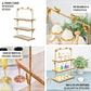 Gold 3-tier rectangular cheese board and cupcake stand with rustic wood slices.