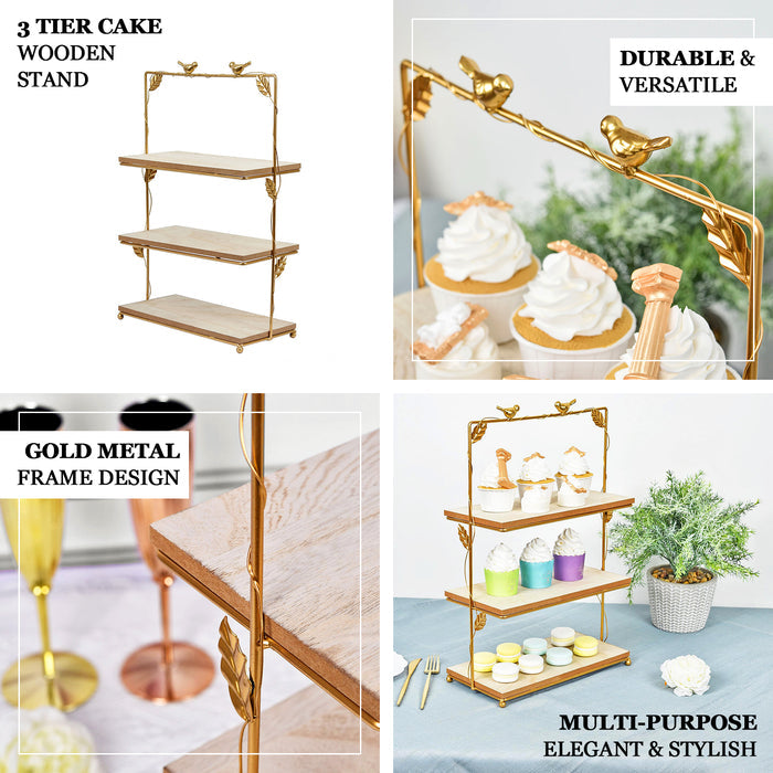 Gold 3-tier rectangular cheese board and cupcake stand with rustic wood slices.