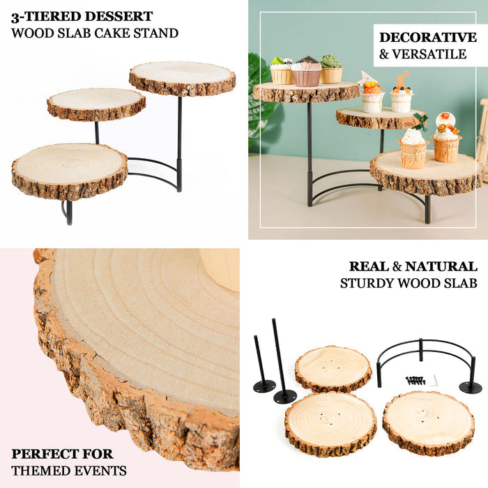 12" Tall | 3-Tier Wood Slice Cheese Board, Cupcake Stand, Half Moon Rustic Centerpiece