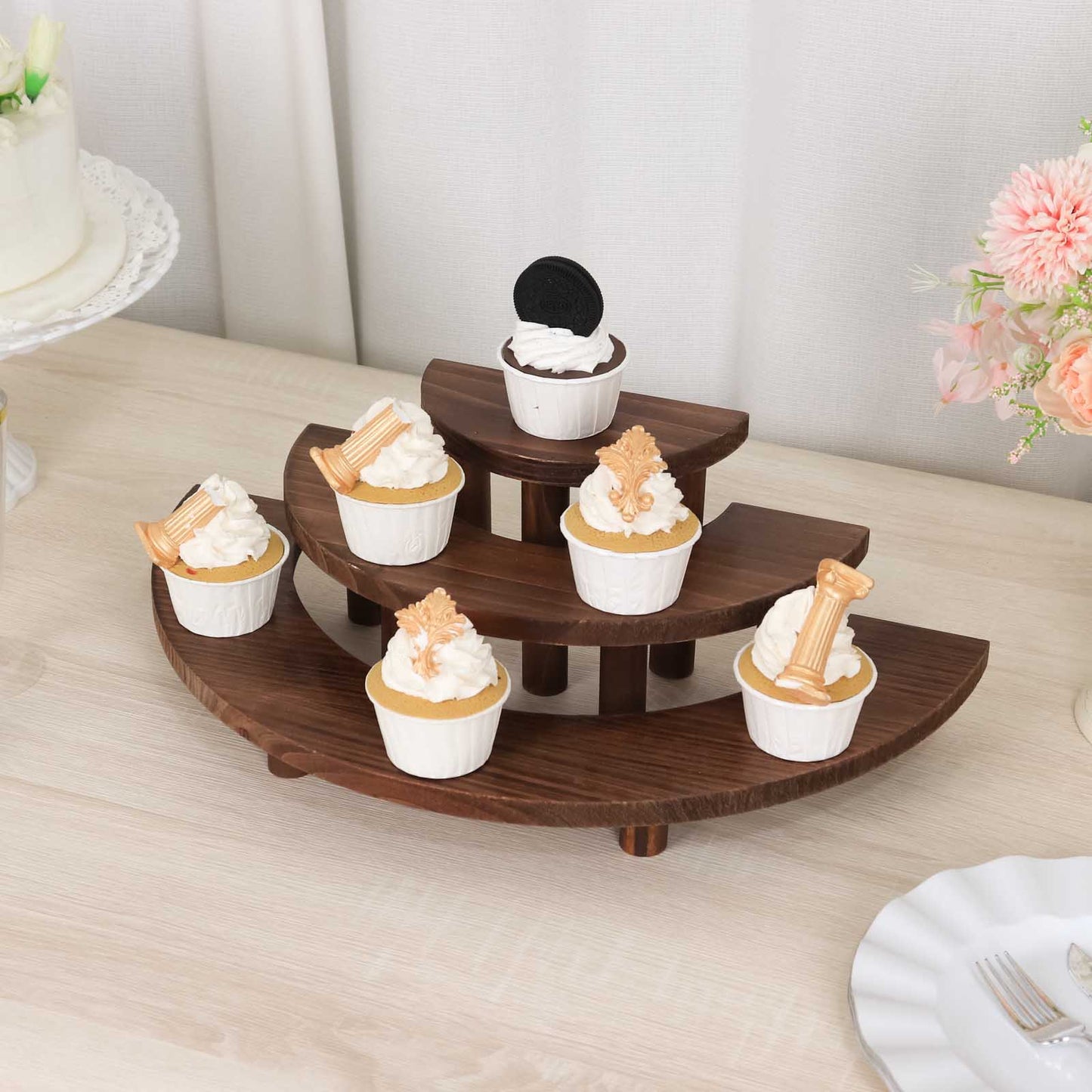 Set of 3 Rustic Brown Wood 3-Tier Semicircle Dessert Pedestals, Half Moon Cupcake Display Risers - 7", 13", 18"