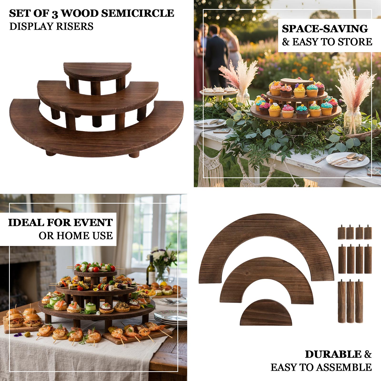 Set of 3 Rustic Brown Wood 3-Tier Semicircle Dessert Pedestals, Half Moon Cupcake Display Risers - 7", 13", 18"