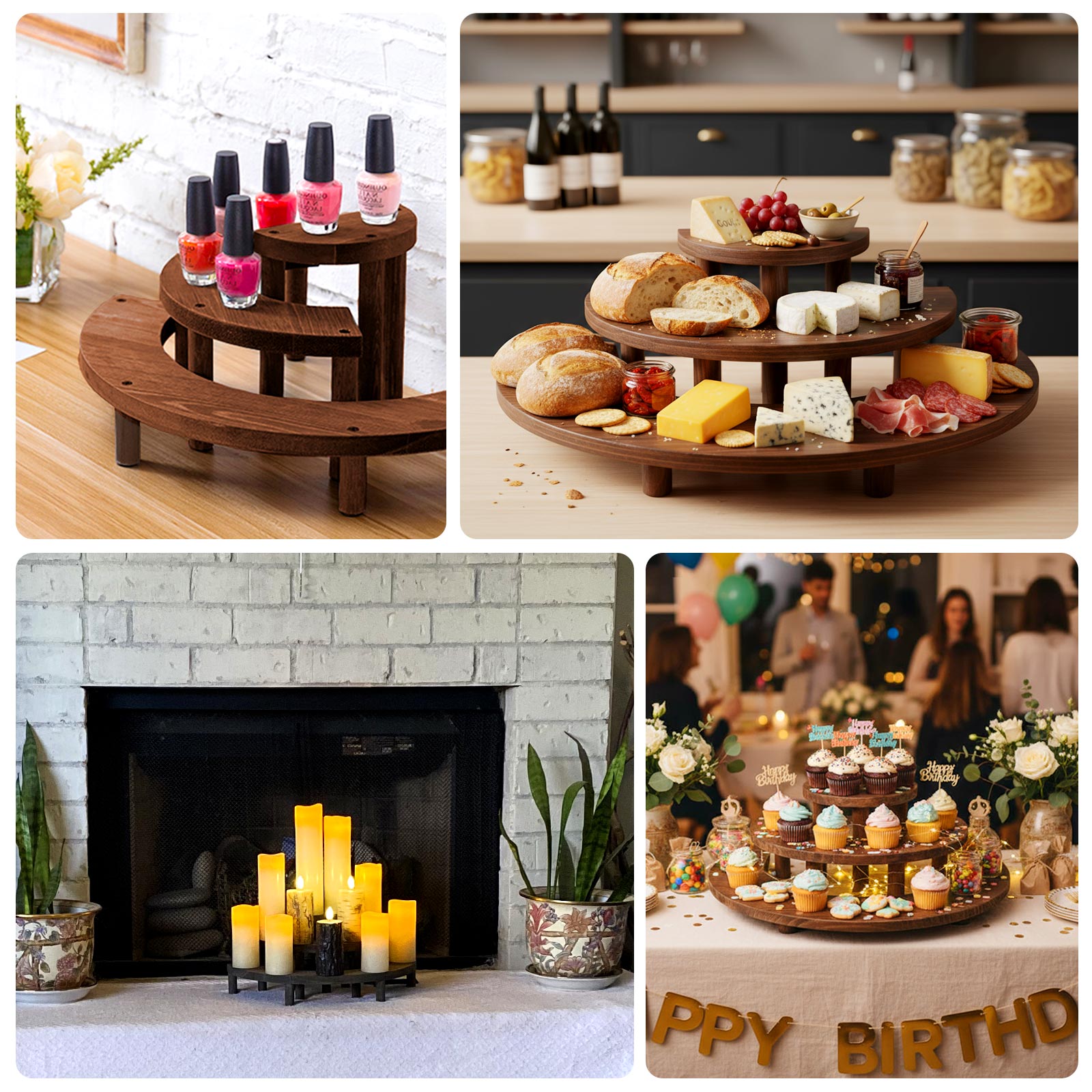 Set of 3 Rustic Brown Wood 3-Tier Semicircle Dessert Pedestals, Half Moon Cupcake Display Risers - 7", 13", 18"