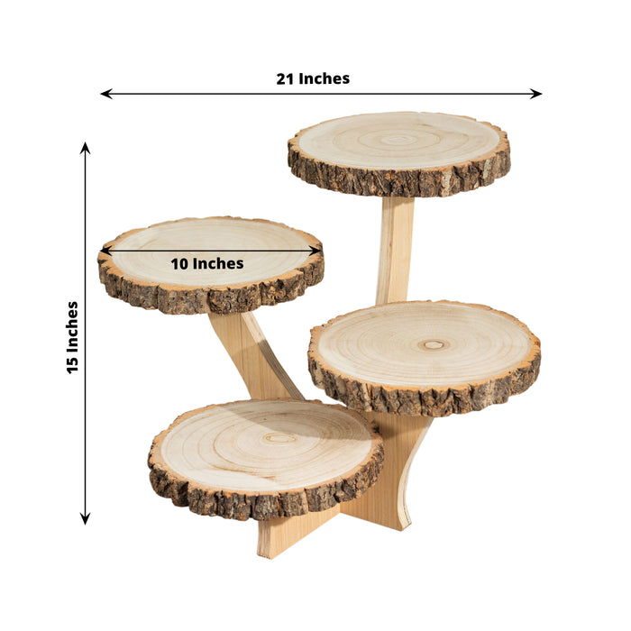 15" Tall 4-Tier Natural Rustic Wood Slice Cake Stand, Farmhouse Style Dessert Holder Cupcake Stand