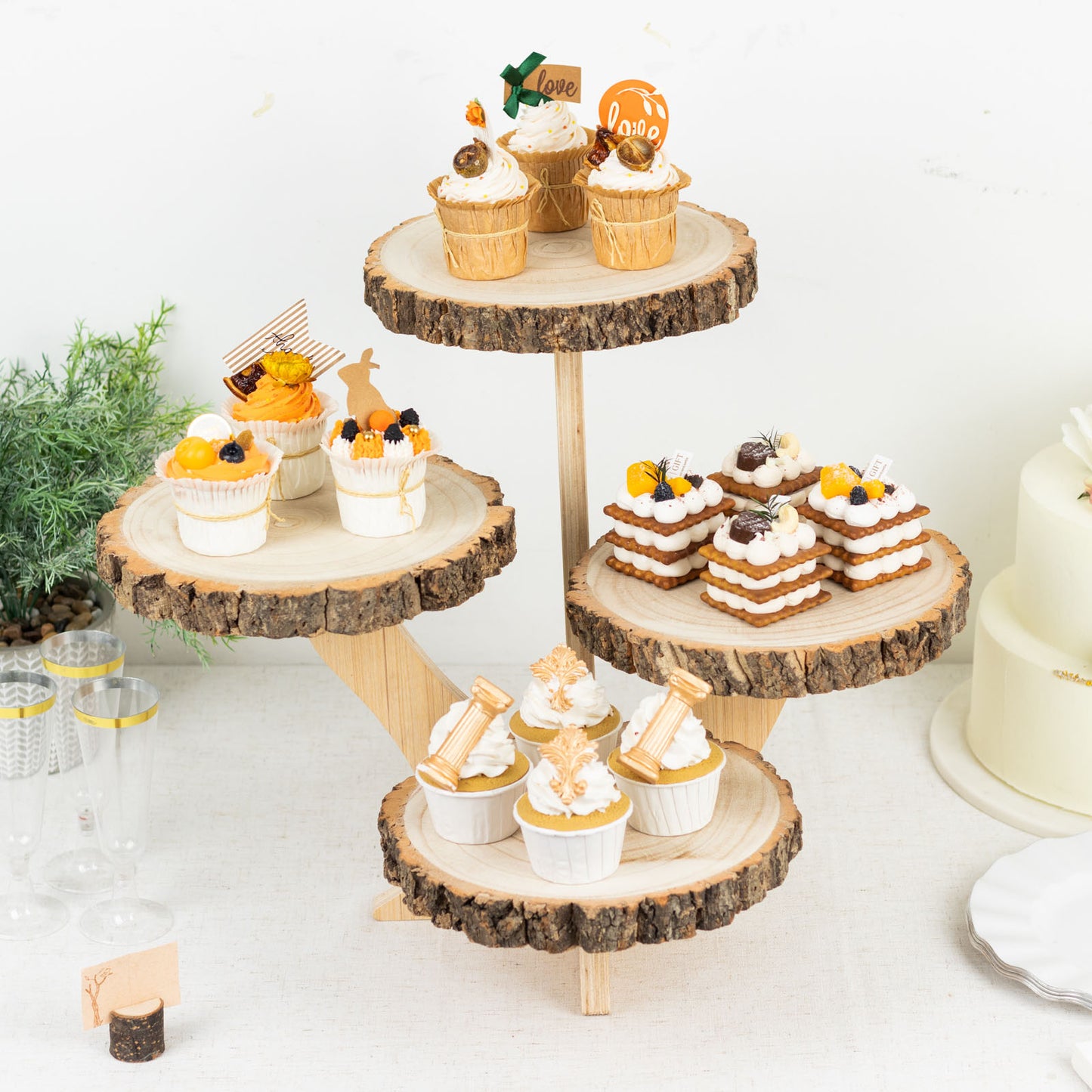 15" Tall 4-Tier Natural Rustic Wood Slice Cake Stand, Farmhouse Style Dessert Holder Cupcake Stand